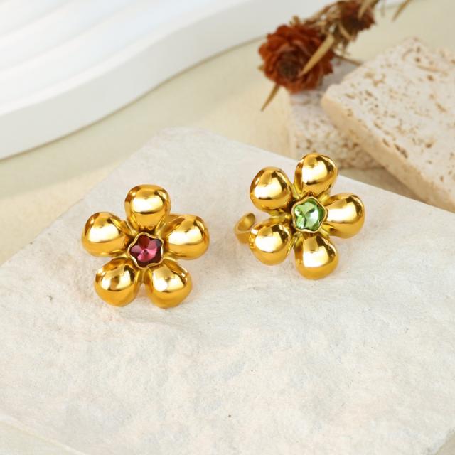 New French Retro Natural Stone Zircon Ring Flower Round Opening Stainless Steel Ring