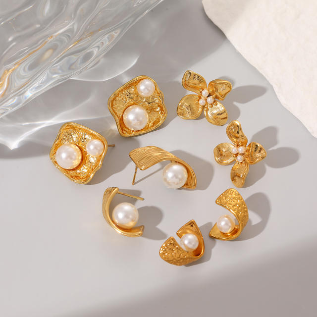 French Retro Stainless Steel Flower Earrings for Women Pearl earrings