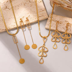 Hollow out geometric leaf stainless steel necklace earrings set