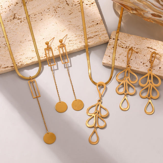 Hollow out geometric leaf stainless steel necklace earrings set