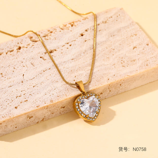 Colorful square heart diamond pendant stainless steel necklace