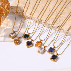 Colorful square heart diamond pendant stainless steel necklace