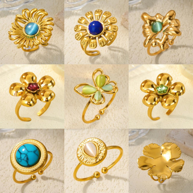 New French Retro Natural Stone Zircon Ring Flower Round Opening Stainless Steel Ring