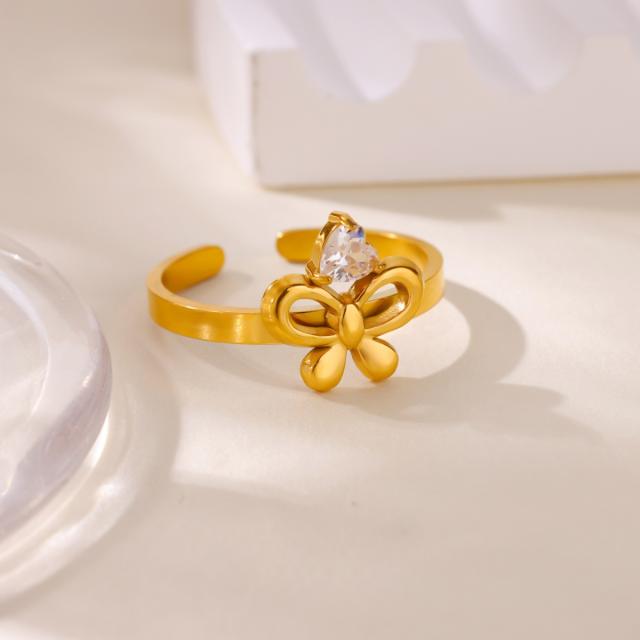 18KG pearl bead butterfly bow heart stainless steel rings