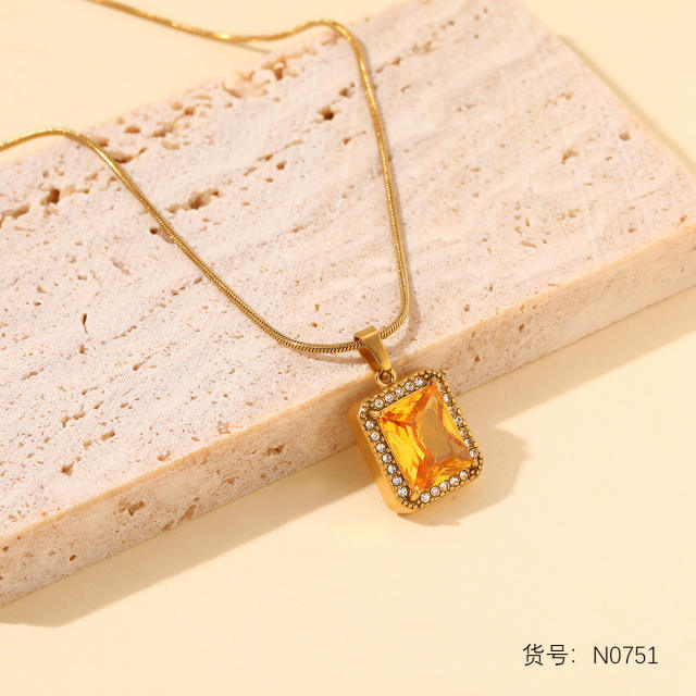 Colorful square heart diamond pendant stainless steel necklace