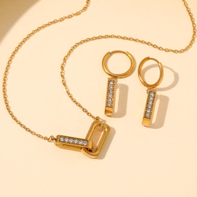 18KG diamond paperclip pendant heart lock stainless steel necklace earrings set