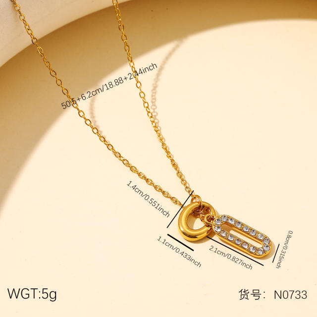 18KG diamond paperclip pendant heart lock stainless steel necklace earrings set