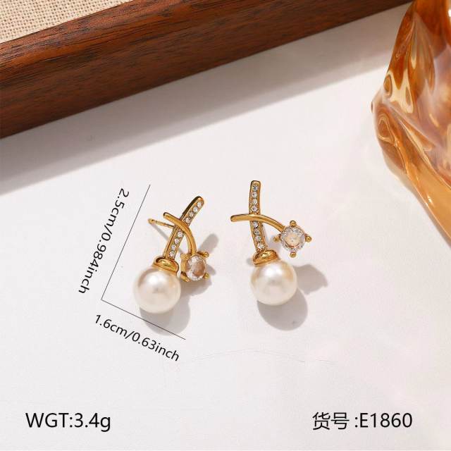 French trend cubic zircon inlaid stainless steel studs earrings