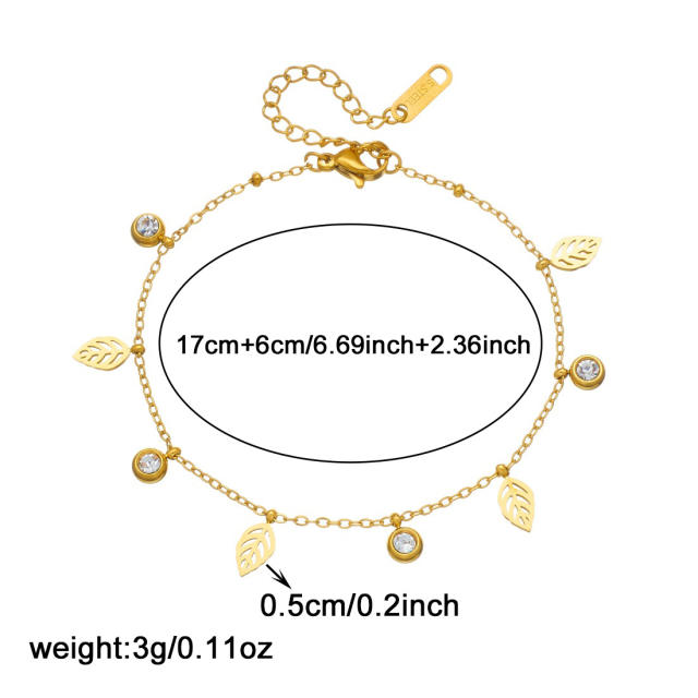 Simple hollow leaf diamond charm thin chain stainless steel bracelet