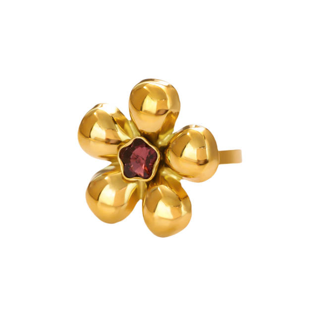 New French Retro Natural Stone Zircon Ring Flower Round Opening Stainless Steel Ring