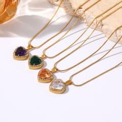 Colorful square heart diamond pendant stainless steel necklace