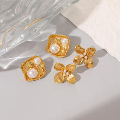French Retro Stainless Steel Flower Earrings for Women Pearl earrings