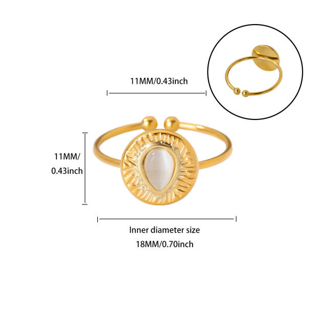New French Retro Natural Stone Zircon Ring Flower Round Opening Stainless Steel Ring