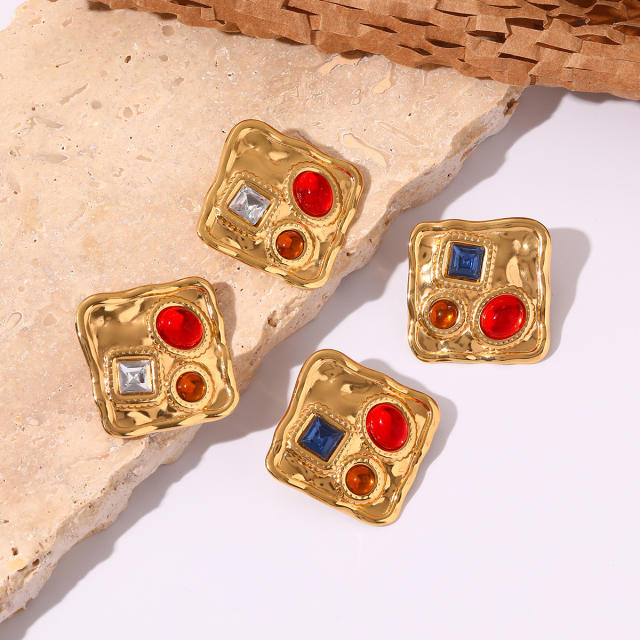 Eleagnt colorful crystal inlaid square stainless steel earrings