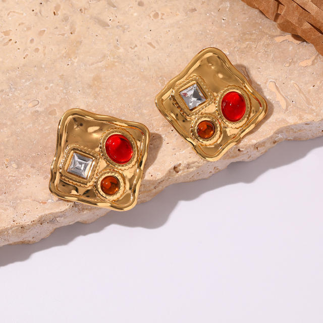 Eleagnt colorful crystal inlaid square stainless steel earrings