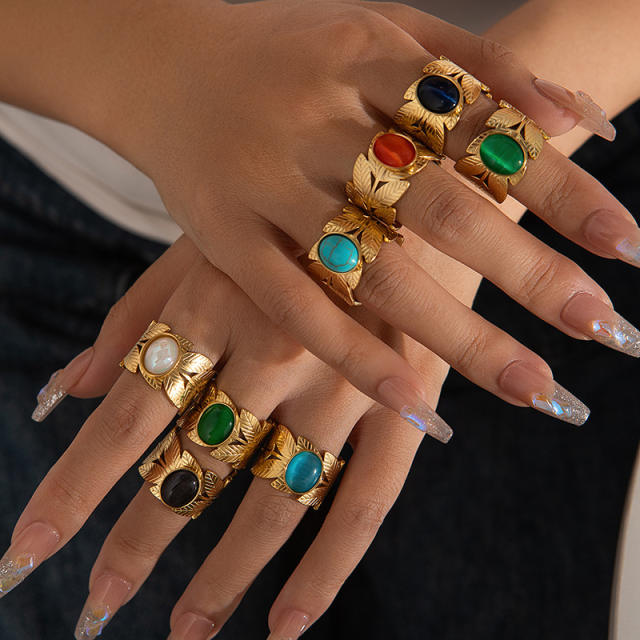Easy match colorful natural stone inlaid stainless steel rings