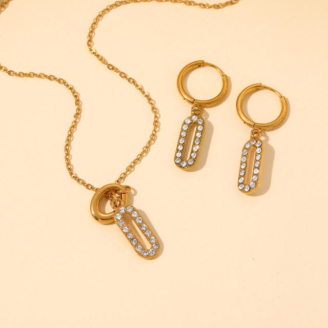 18KG diamond paperclip pendant heart lock stainless steel necklace earrings set