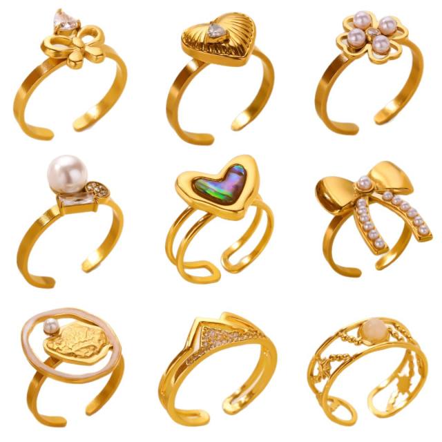 18KG pearl bead butterfly bow heart stainless steel rings