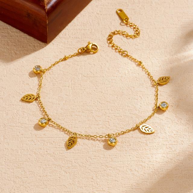 Simple hollow leaf diamond charm thin chain stainless steel bracelet