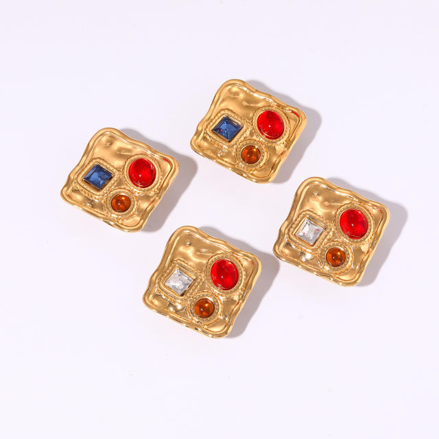 Eleagnt colorful crystal inlaid square stainless steel earrings
