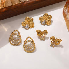 French trend cubic zircon inlaid stainless steel studs earrings
