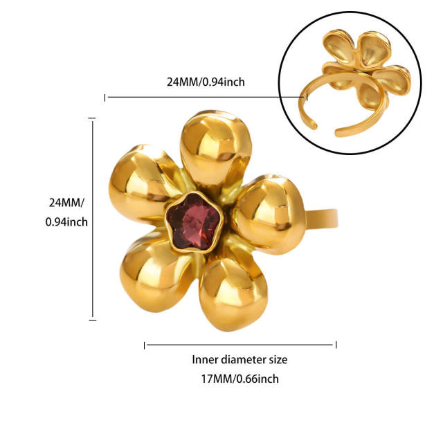 New French Retro Natural Stone Zircon Ring Flower Round Opening Stainless Steel Ring