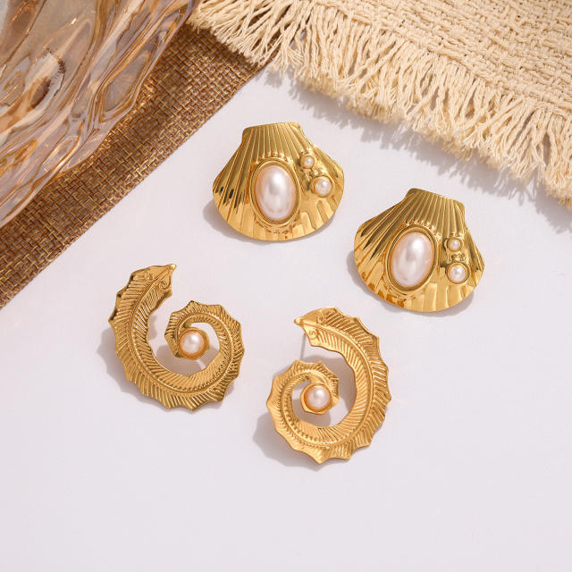 Concise pearl inlaid stainless steel earrings studs