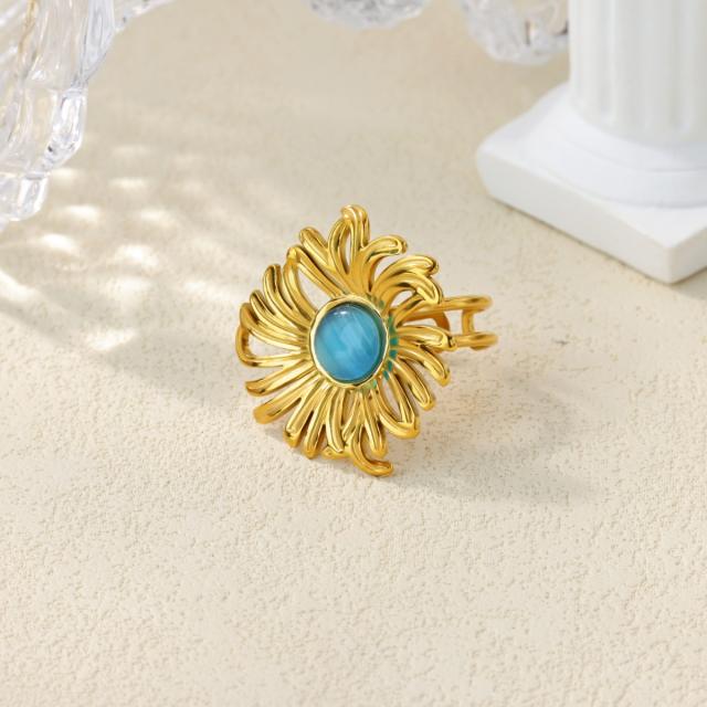 New French Retro Natural Stone Zircon Ring Flower Round Opening Stainless Steel Ring