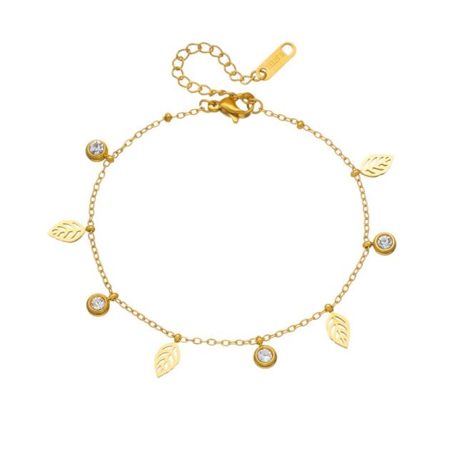 Simple hollow leaf diamond charm thin chain stainless steel bracelet