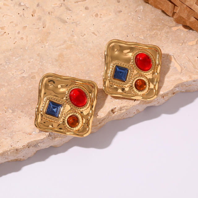 Eleagnt colorful crystal inlaid square stainless steel earrings