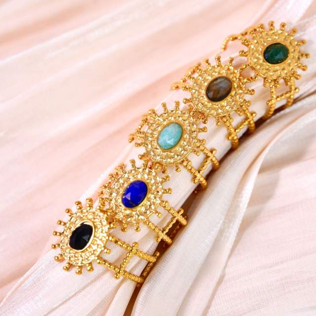 Retro Bohemian Sunflower Colorful Natural Stone Opening Ring Stainless Steel rings