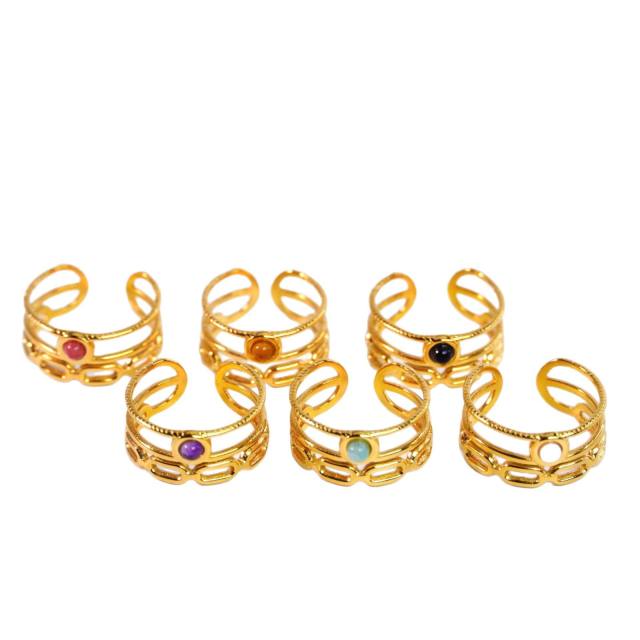 14KG natural stone inlaid simple hollow stainless steel rings