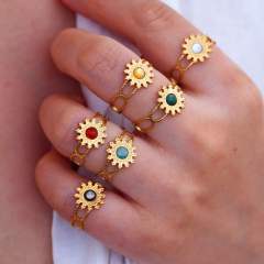 Colorful natural stone inlaid sunflower stainless steel rings for women