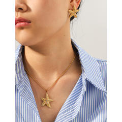 18KG diamond inlaid starfish stainless steel necklace earrings set