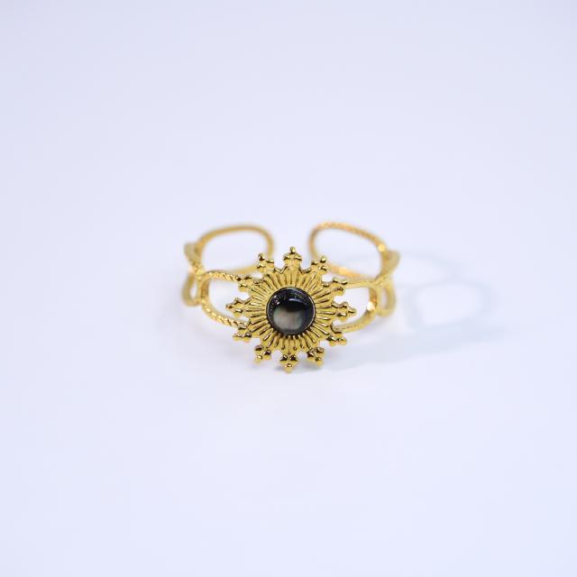 Colorful natural stone inlaid sunflower stainless steel rings for women
