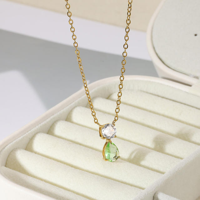 Dainty birth stone drop pendant stainless steel necklace