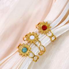 Colorful natural stone inlaid sunflower stainless steel rings for women