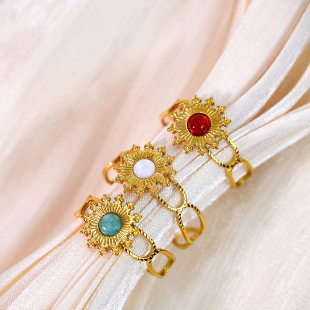 Colorful natural stone inlaid sunflower stainless steel rings for women