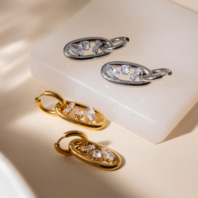 18KG geometric cubic zircon inlaid stainless steel earrings