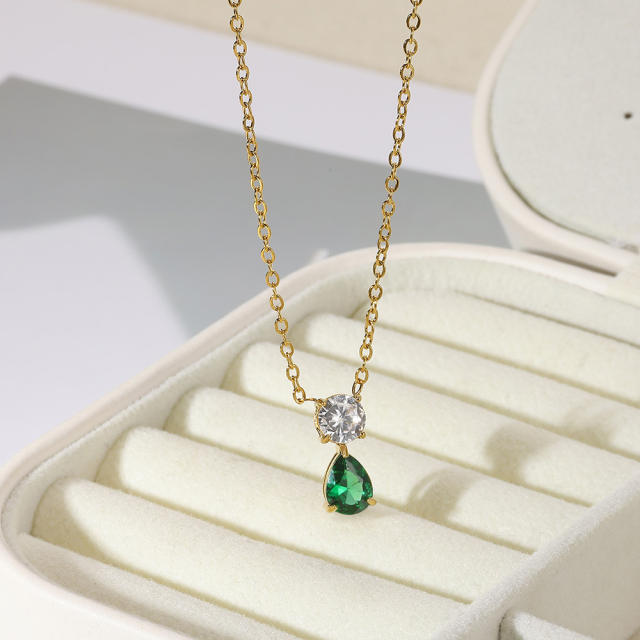 Dainty birth stone drop pendant stainless steel necklace