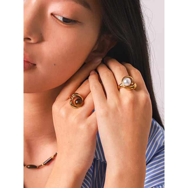 French trend tiger eye stone pearl bead inlaid stainless steel rings