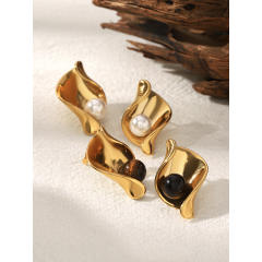 Vintage geometric fold pattern tiger eye stone stainless steel earrings