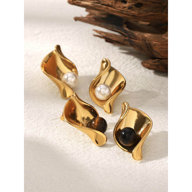 Vintage geometric fold pattern tiger eye stone stainless steel earrings