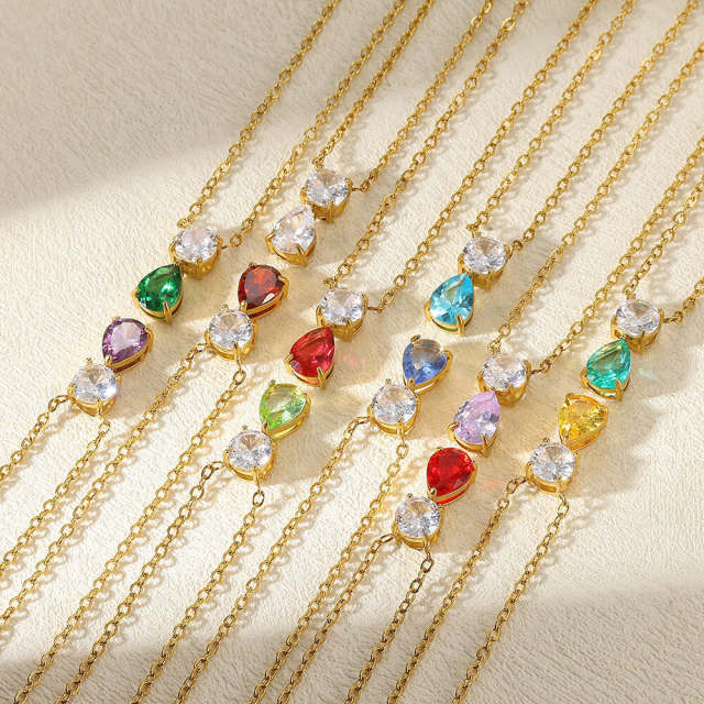 Dainty birth stone drop pendant stainless steel necklace