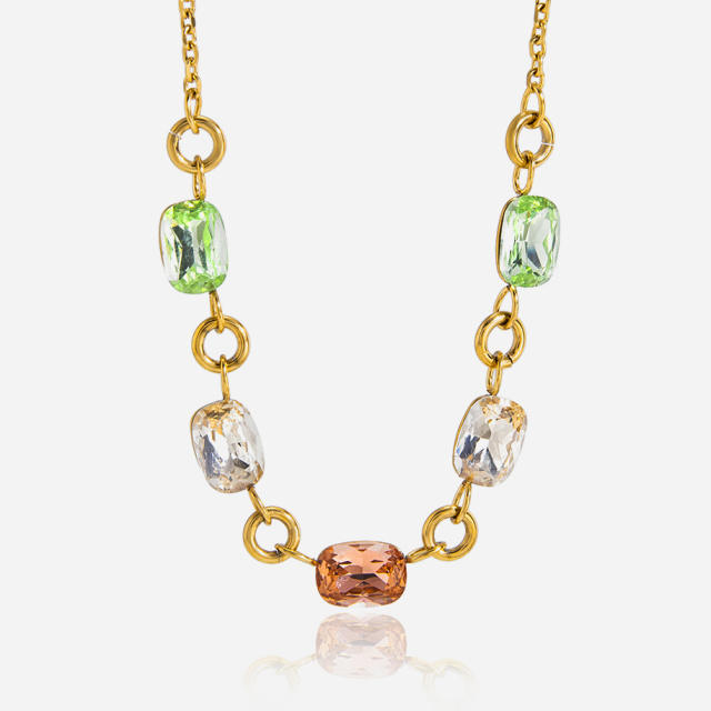 Colorful glass crystal statement stainless steel necklace
