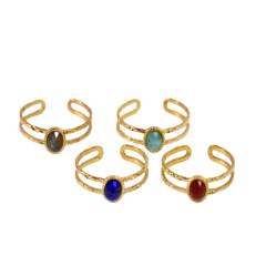 Vintage oval natural stone inlaid two layer stainless steel rings