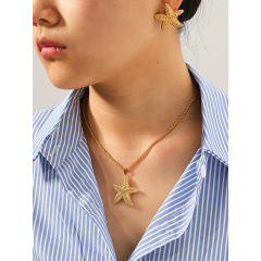18KG diamond inlaid starfish stainless steel necklace earrings set