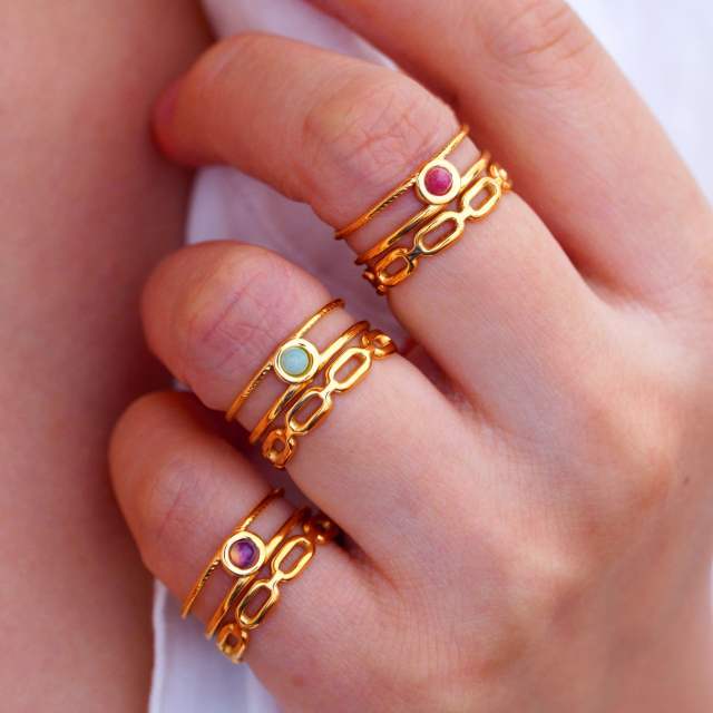 14KG natural stone inlaid simple hollow stainless steel rings