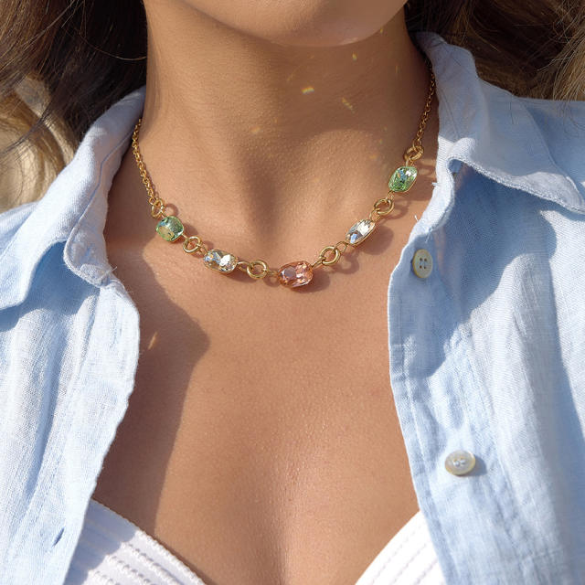 Colorful glass crystal statement stainless steel necklace