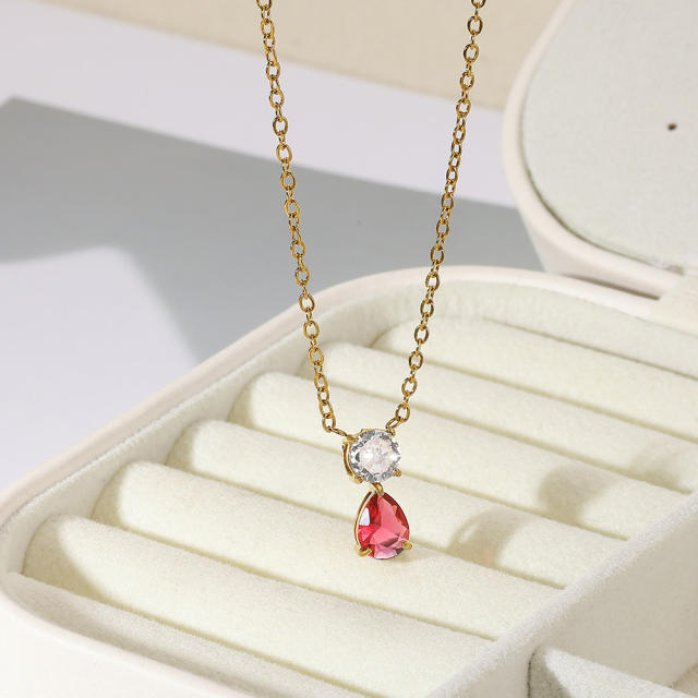 Dainty birth stone drop pendant stainless steel necklace